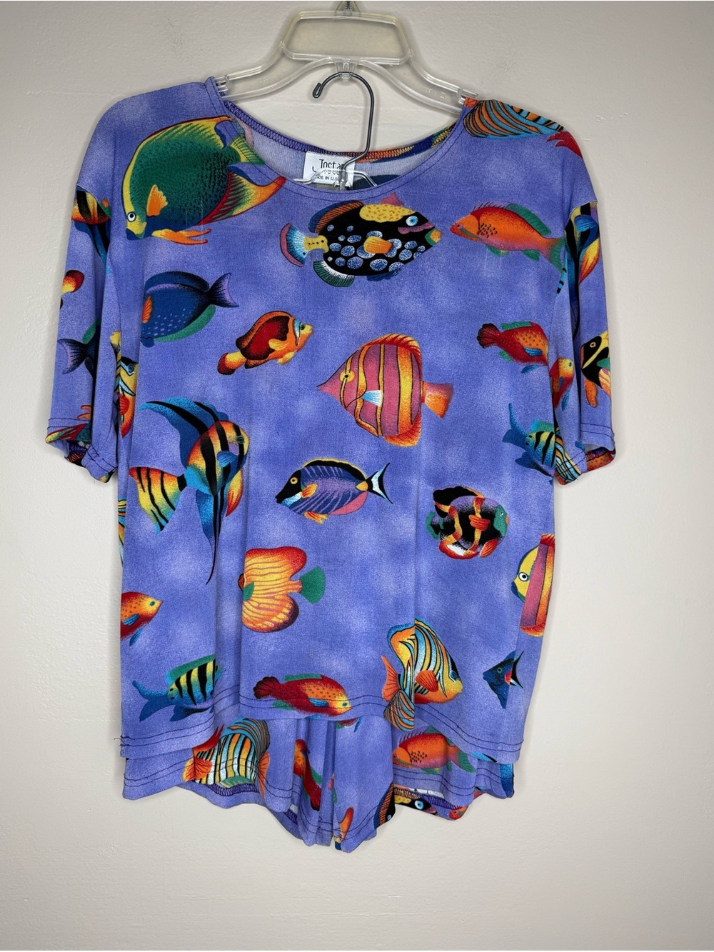 Jostar Shorts Set Purple Slinky Tropical Fish Print Resort Wear Travel Sz Medium